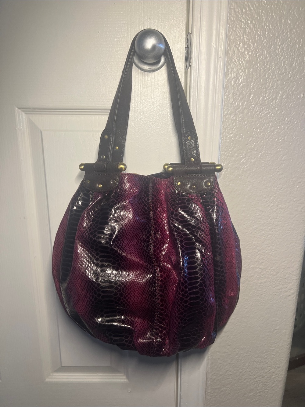 Gianni Bini Burgundy Snake-Embossed Shoulder Bag with Dark Brown Straps